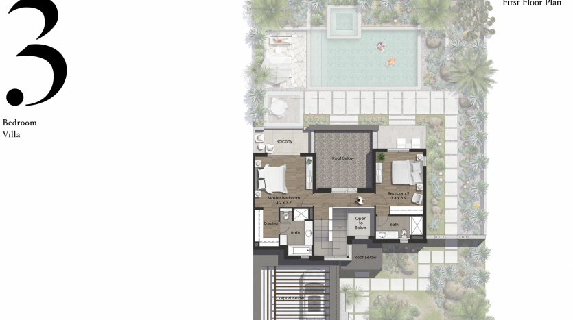 Plan architectural du premier étage d&#039;une villa de trois chambres avec un agencement détaillé comprenant des chambres, des salles de bains, une cuisine et des espaces de vie, entourés d&#039;un jardin et d&#039;une piscine al jure.