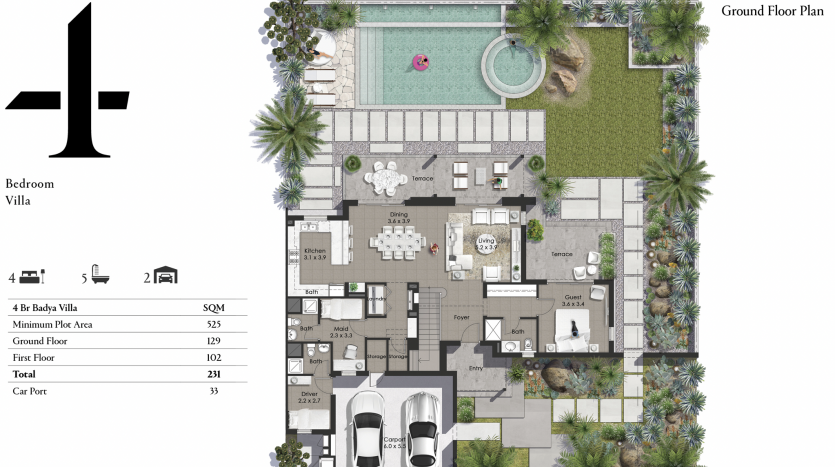 Un plan architectural détaillé du rez-de-chaussée d&#039;une villa de quatre chambres comprenant des espaces de vie étiquetés, une piscine centrale, un aménagement paysager et un abri d&#039;auto al jure avec deux véhicules.