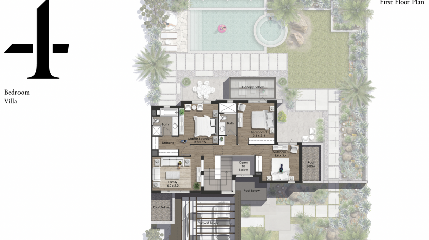 Plan d&#039;étage architectural d&#039;une villa de quatre chambres comprenant un salon central, une cuisine, une salle à manger, plusieurs salles de bains, un bureau et un espace extérieur avec piscine et jardin al jure.