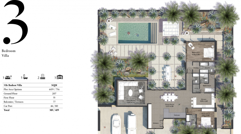 Plan architectural du rez-de-chaussée de la villa 3 montrant l'aménagement comprenant les chambres, les salles de bains, les espaces de vie, la piscine avec terrasse et l'aménagement paysager environnant al jure avec les dimensions et les spécifications de superficie.