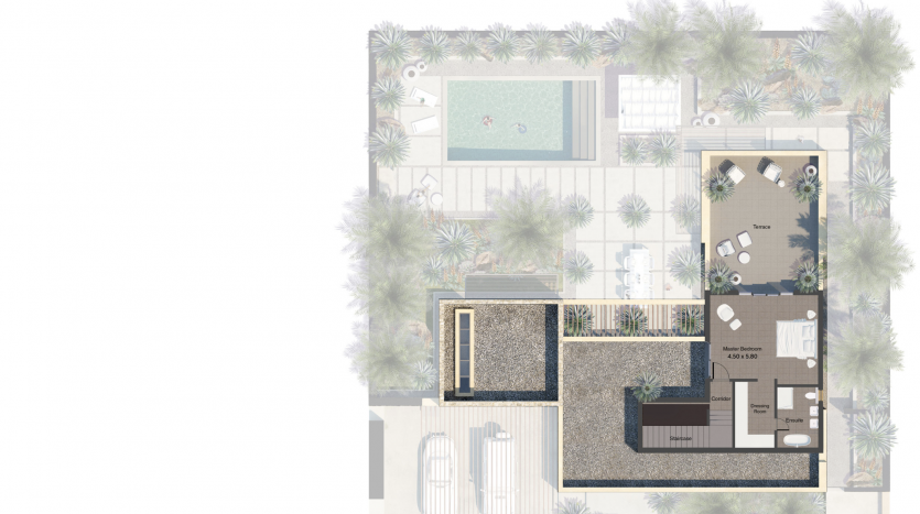 Plan du premier étage d'une maison moderne avec un agencement détaillé comprenant un salon al jure, une cuisine, un coin repas, une chambre et des salles de bains, entourés de jardins et de piscines.