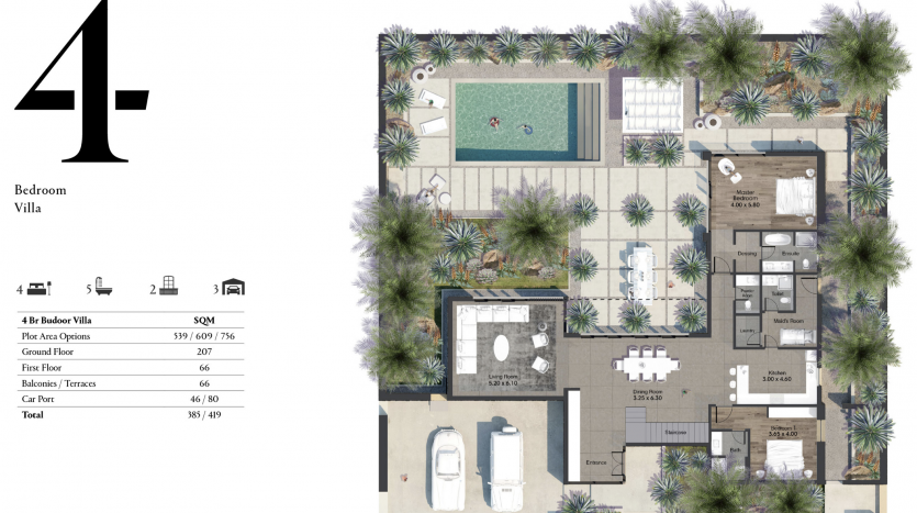 Plan architectural détaillé du rez-de-chaussée d'une villa de 4 chambres, comprenant la disposition des pièces, la piscine al jure et l'aménagement du jardin, étiqueté avec les dimensions et la superficie en pieds carrés.