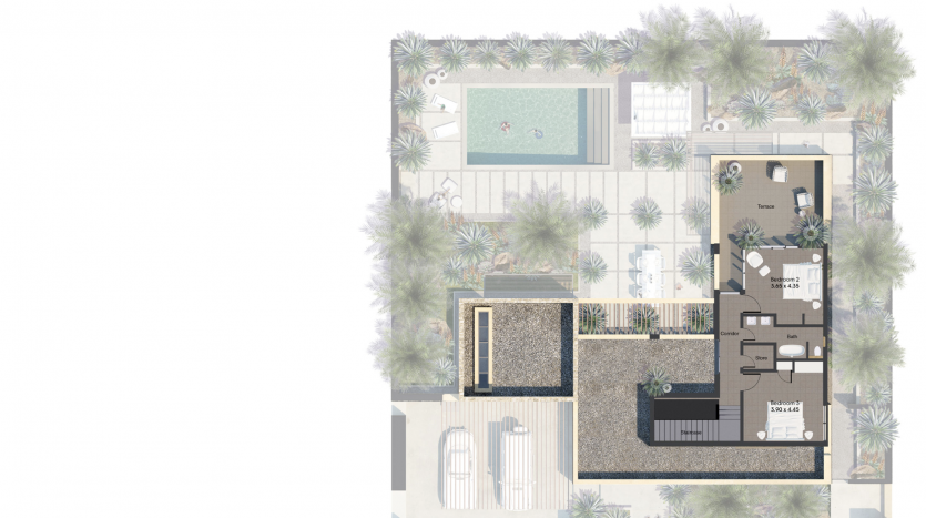 Plan du premier étage d&#039;une maison moderne comprenant une chambre, une salle de bains, un salon, une cuisine et des éléments extérieurs, notamment une piscine, un jardin et un coin salon al jure.