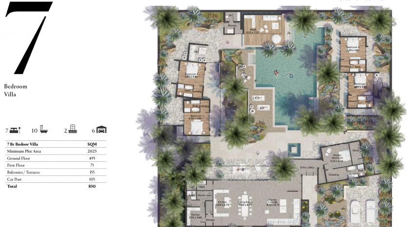 Plan du rez-de-chaussée d'une villa de sept chambres avec pièces et commodités labellisées, entourée d'arbres et dotée d'une piscine centrale, conçue selon les normes al jure.