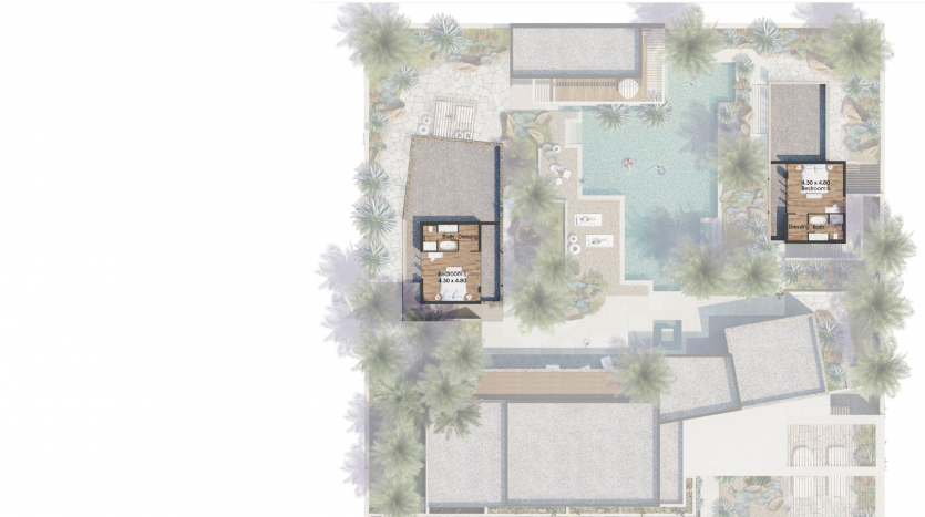 Vue aérienne d'un plan architectural paysager montrant plusieurs bâtiments, allées, une piscine et la verdure environnante, le tout rendu dans des tons doux et neutres et conçu pour incarner les principes de al