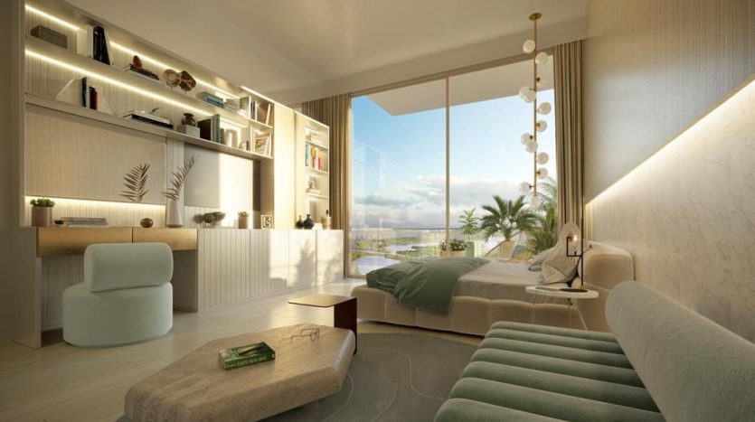 Une chambre moderne à Regalia Dubaï avec une grande fenêtre offrant une vue panoramique, meublée d&#039;un lit double, d&#039;étagères intégrées, d&#039;un bureau et d&#039;une décoration aux tons doux.