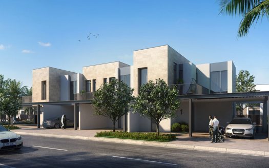 Maisons en rangée modernes dans Arabian Ranches 3 avec toits plats et design minimaliste, avec places de parking couvertes attenantes ; une vue sur la rue avec des voitures garées et une personne se promenant avec un landau.