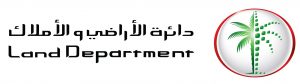 Logotipo del Departamento del Suelo de Dubai con texto en árabe e inglés junto a una palmera verde estilizada dentro de un óvalo rojo y blanco.