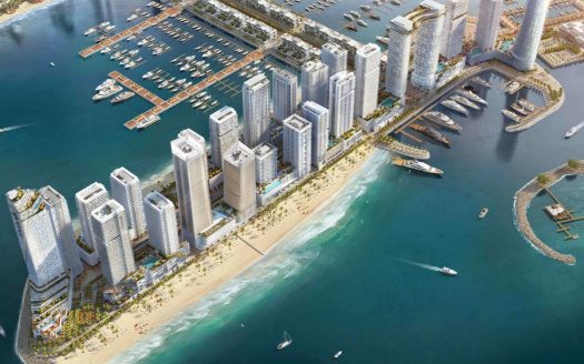 Vue aérienne d'un paysage urbain en bord de mer avec des gratte-ciel modernes et une marina remplie de bateaux, bordée par les meilleurs programmes immobiliers Dubaï par une journée ensoleillée.