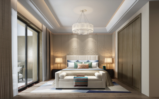 Chambre élégante et moderne comprenant un grand lit avec des oreillers décoratifs, un panneau mural artistique, un lustre, un banc et une porte coulissante menant à un balcon dans l&#039;un des meilleurs programmes immobiliers de Dubaï.