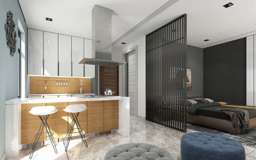 Un studio moderne à Dubaï avec un plan d'étage ouvert comprenant une cuisine avec des armoires en bois et des tabourets de bar, un coin chambre avec un grand lit et une décoration minimaliste élégante.