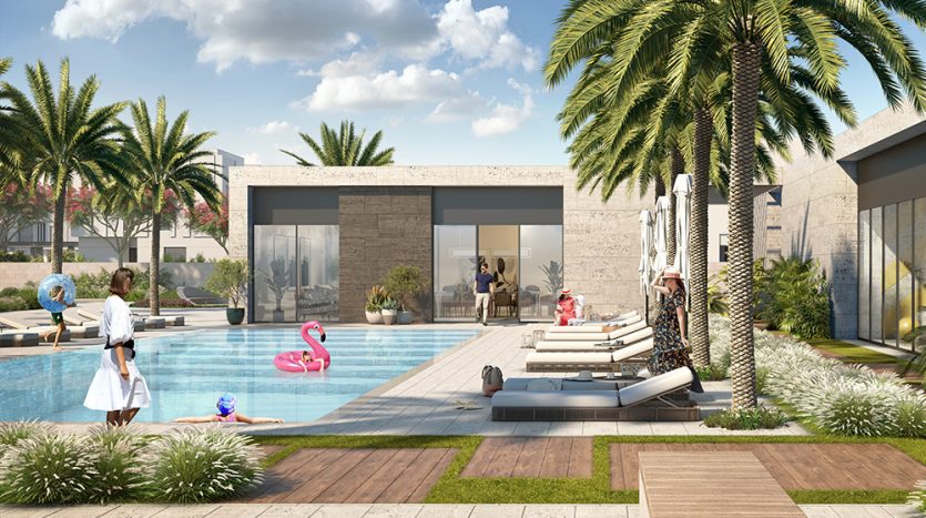 Une scène d&#039;arrière-cour luxueuse dans la vallée de Dubaï avec une piscine, des palmiers et un pool house moderne. Les gens se détendent et jouent ; l&#039;un nage, un autre se prélasse sur une chaise et un groupe