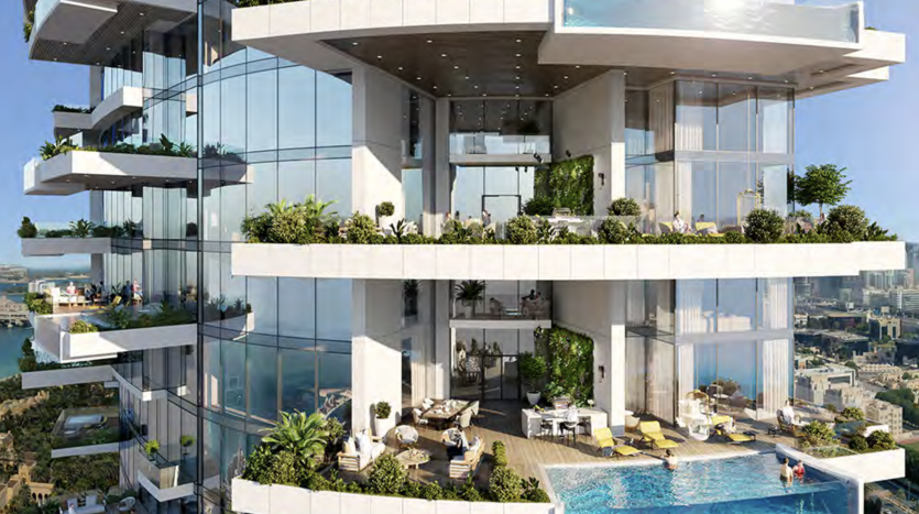 Villa moderne de grande hauteur à Dubaï dotée de grands balcons avec piscines, d&#039;une verdure abondante et d&#039;espaces de vie extérieurs luxueux, sur fond de paysage urbain.