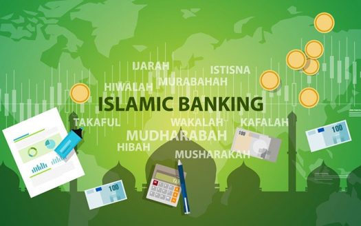 Graphique conceptuel des principes de la finance islamique comportant des termes clés tels que murabaha, takaful et mudharabah, avec des icônes financières comme la monnaie et les calculatrices sur fond vert