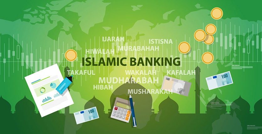 Graphique conceptuel des principes de la finance islamique comportant des termes clés tels que murabaha, takaful et mudharabah, avec des icônes financières comme la monnaie et les calculatrices sur fond vert