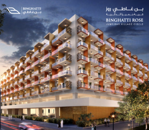 Rendu architectural du bâtiment Binghatti Rose au crépuscule à Jumeirah Village Circle, présentant un design moderne avec des balcons décalés éclairés par des lumières chaudes, représentant le premier immobilier de Dubaï