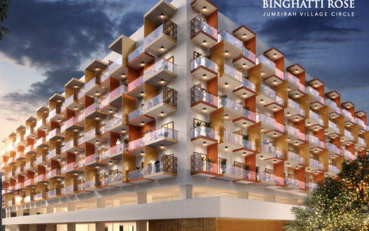 Rendu architectural du bâtiment Binghatti Rose au crépuscule à Jumeirah Village Circle, présentant un design moderne avec des balcons décalés éclairés par des lumières chaudes, représentant le premier immobilier de Dubaï