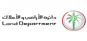 Logo du département foncier comportant des textes en arabe et en anglais à côté d&#039;un palmier vert stylisé à l&#039;intérieur d&#039;un ovale rouge et blanc, désigné pour Dubai Immo.