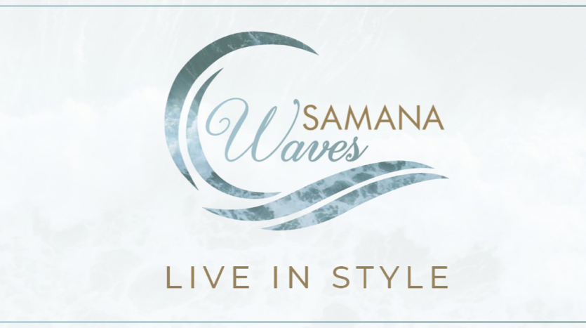 Image d&#039;un logo minimaliste pour &quot;Samana Waves Dubai&quot; comportant des lignes stylisées et fluides ressemblant à des vagues, avec le slogan &quot;live in style&quot; en dessous, sur un fond bleu clair doux et texturé.