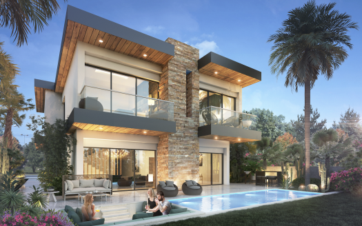 Une maison moderne de deux étages à Damas Hills 3 avec de grandes fenêtres en verre, des accents de pierre et des poutres en bois. Il comprend une piscine avec des gens qui se détendent et un palmier à côté de la maison.