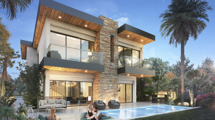 Une maison moderne de deux étages à Damas Hills 3 avec de grandes fenêtres en verre, des accents de pierre et des poutres en bois. Il comprend une piscine avec des gens qui se détendent et un palmier à côté de la maison.