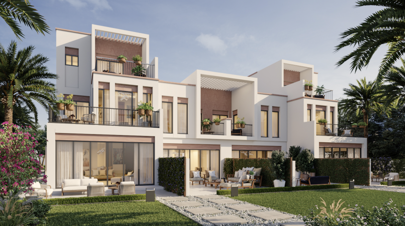 Villas de luxe modernes à Damas Hills 3 avec de grandes fenêtres, balcons et jardins paysagers avec palmiers, sous un ciel dégagé. L&#039;architecture est contemporaine avec des façades blanches et beiges