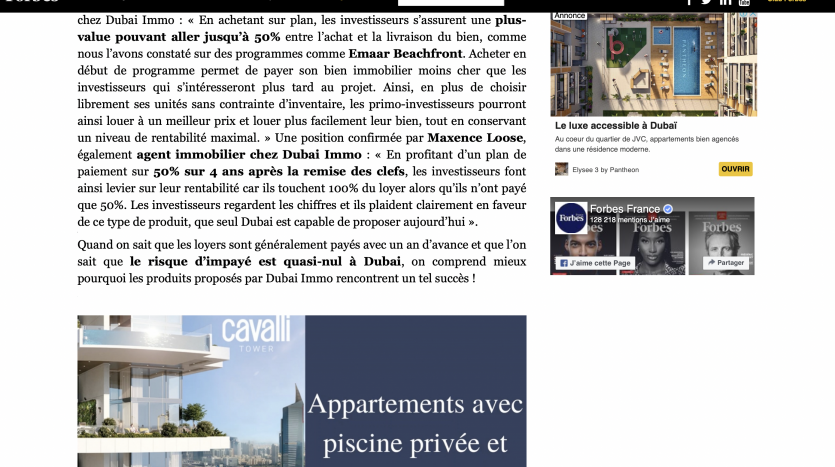 Capture d&#039;écran d&#039;une page Web présentant un article en français, parlant de l&#039;impact des promoteurs immobiliers de Dubaï à Paris, avec une image d&#039;immeubles de grande hauteur urbains au sommet. Le site Web propose divers