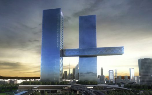 Un rendu d'un paysage urbain moderne à Dubaï avec un point fort architectural : deux grands gratte-ciel reliés par une structure horizontale, ressemblant à un "h" géant sur un ciel crépusculaire.