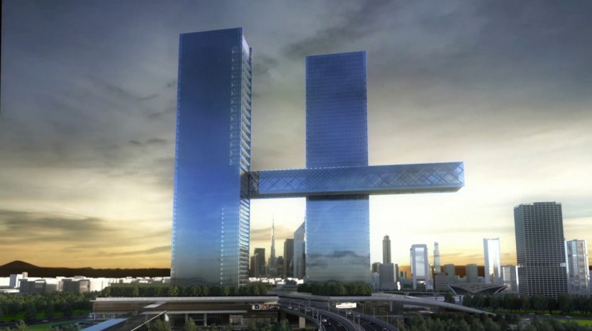 Un rendu d&#039;un paysage urbain moderne à Dubaï avec un point fort architectural : deux grands gratte-ciel reliés par une structure horizontale, ressemblant à un &quot;h&quot; géant sur un ciel crépusculaire.