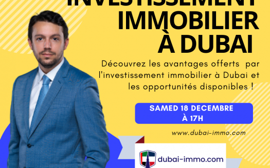 Une affiche promotionnelle pour un webinaire intitulé "webinaire immobilier dubaï" mettant en vedette guillaume biroux, fondateur de dubaï immo, prévu le 16 décembre. biroux, vêtu d'un costume, se tient en toute confiance avec les détails du webinaire et les informations du site Web.