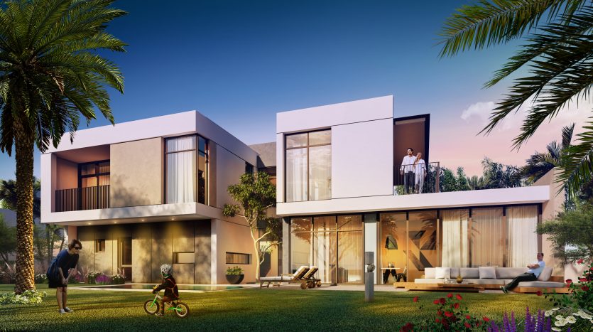 Maison moderne à deux étages à Al Furjan avec de grandes fenêtres entourées de palmiers. Une famille profite de diverses activités : un enfant fait du vélo, une femme se détend dans un hamac et un couple se tient debout