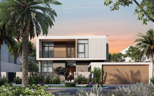 Maison moderne de deux étages à Al Furjan avec un toit plat, dotée de grandes fenêtres, d'un balcon et d'une façade en bois. Un jardin paysagé et planté de palmiers entoure la propriété au coucher du soleil.