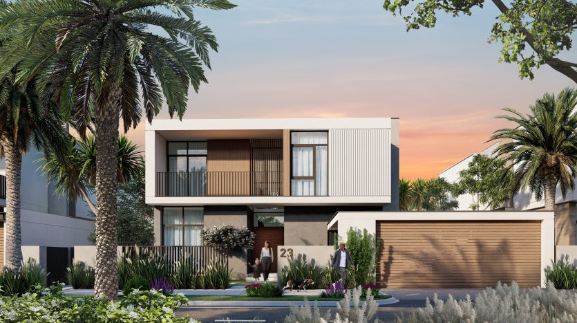 Maison moderne de deux étages à Al Furjan avec un toit plat, dotée de grandes fenêtres, d&#039;un balcon et d&#039;une façade en bois. Un jardin paysagé et planté de palmiers entoure la propriété au coucher du soleil.