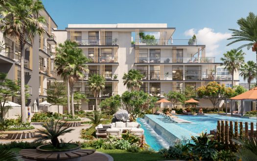 Un complexe d&#039;appartements luxueux avec une grande piscine entourée de palmiers, de chaises longues et de plusieurs bâtiments modernes sous un ciel bleu clair à Oxford 212.