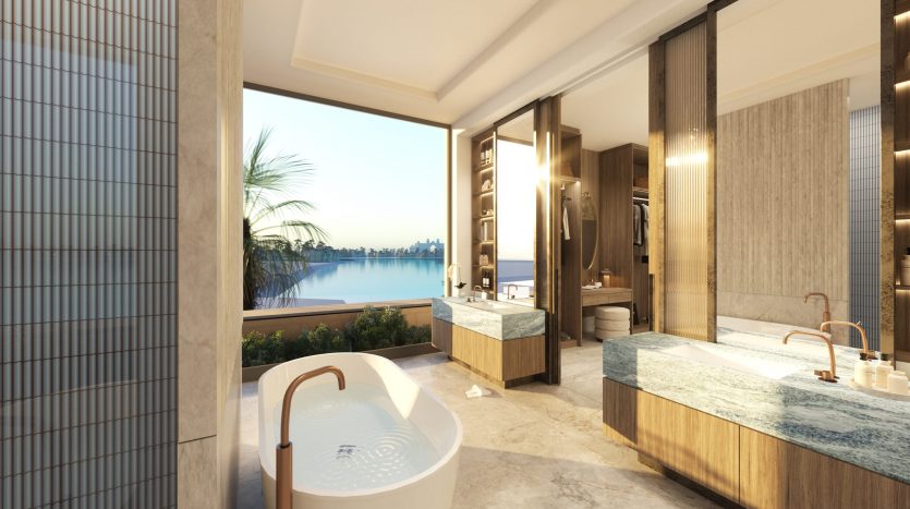 Intérieur de salle de bain luxueux avec baignoire autoportante, double vasque et grands miroirs, donnant sur un lac serein avec des palmiers au crépuscule, conçu pour satisfaire les six sens.