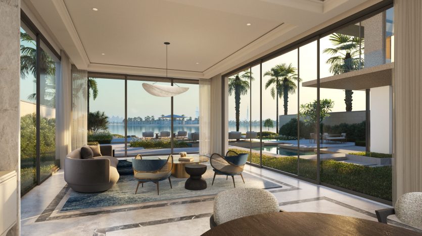 Un salon luxueux avec de grandes fenêtres en verre offrant une vue imprenable sur un coucher de soleil sur un lac tranquille, un mobilier moderne et des plantes d&#039;intérieur luxuriantes, conçues pour satisfaire les six sens.