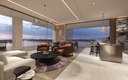 Un salon luxueux avec un mobilier moderne et des baies vitrées offrant une vue panoramique sur les toits de Dubaï au coucher du soleil, idéal pour ceux qui cherchent à investir à Dubaï.