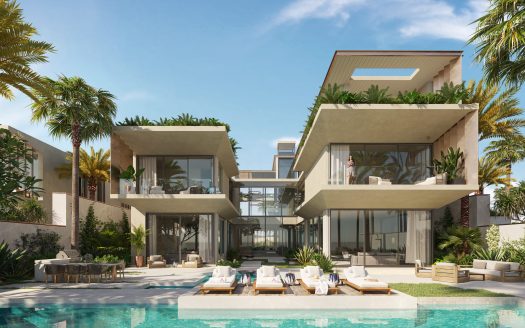 Une luxueuse villa moderne avec des balcons spacieux, entourée de palmiers luxuriants, avec une grande piscine à six sens au premier plan.