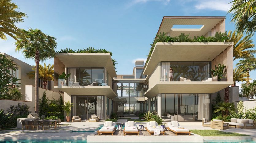 Une luxueuse villa moderne avec des balcons spacieux, entourée de palmiers luxuriants, avec une grande piscine à six sens au premier plan.