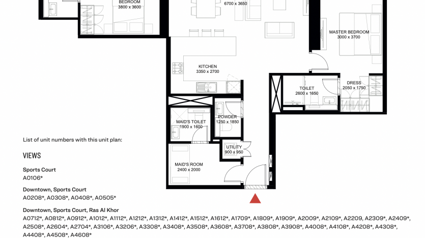 Plan d&#039;étage architectural de The Crest Dubai, un appartement moderne montrant la disposition et les étiquettes détaillées des pièces, y compris la cuisine, les chambres et un salon, avec des annotations pour les dimensions et la numérotation des différentes unités modèles