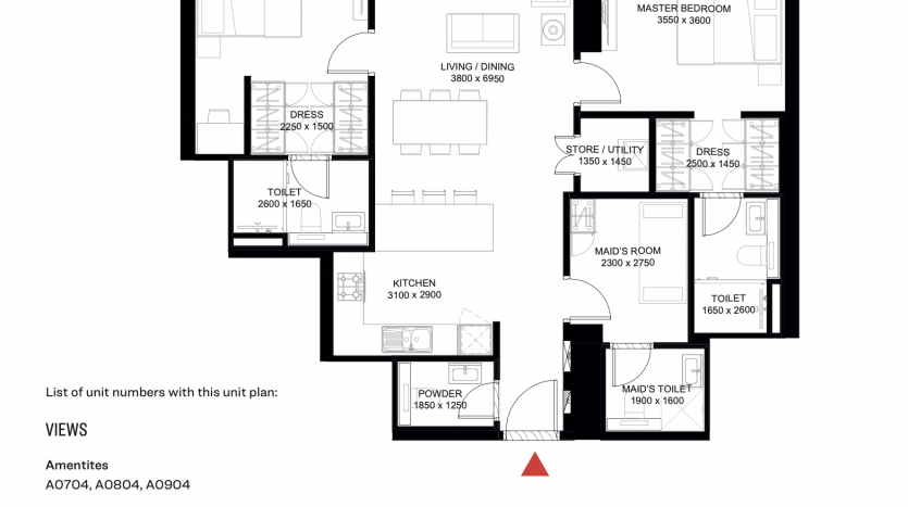 Plan d&#039;étage architectural du complexe d&#039;appartements &quot;The Crest Dubai&quot; montrant plusieurs unités avec des pièces désignées telles que des chambres, une cuisine, un salon et des salles de bains, ainsi que des étiquettes pour les dimensions des pièces et une liste