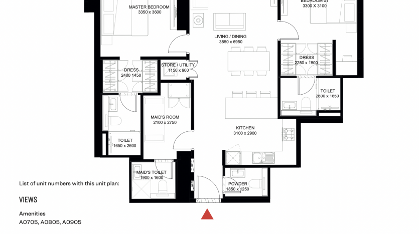 Plan d&#039;étage de The Crest Dubai montrant différentes configurations d&#039;appartements et numéros d&#039;unités, marqués de mesures et de fonctions de pièces telles que les chambres, les cuisines et les salles de bains. Une flèche rouge indique une liste de numéros d&#039;unités avec des vues