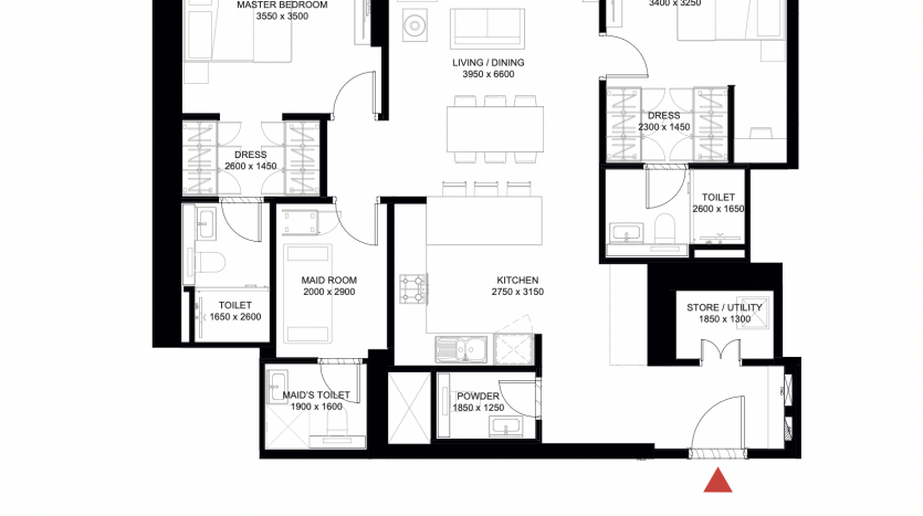 Plan d&#039;étage de The Crest Dubai présentant différentes configurations d&#039;appartements avec des dimensions détaillées des pièces, des zones de stockage et des équipements tels que des cuisines et des salles de bains. Une liste des numéros d&#039;unité est incluse sous le plan.