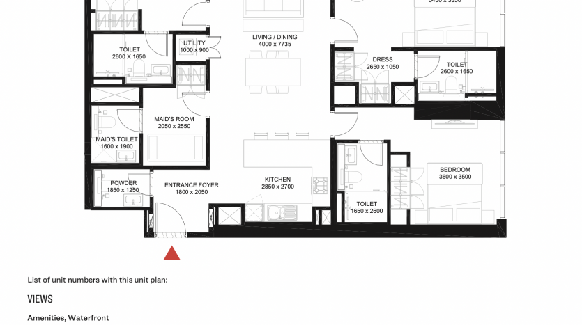 Un plan d&#039;étage architectural du Crest Dubai montrant une disposition des différentes unités du bâtiment avec des désignations et des dimensions détaillées des pièces, y compris les chambres, les cuisines et les espaces de vie.
