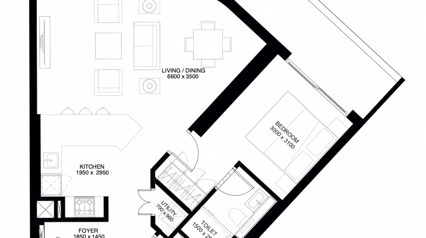 Plan d&#039;étage de l&#039;appartement &quot;The Crest Dubai&quot; comprenant un hall, une cuisine, deux chambres, deux salles de bains et un grand salon-salle à manger avec un balcon attenant. Chaque pièce est étiquetée avec des dimensions.