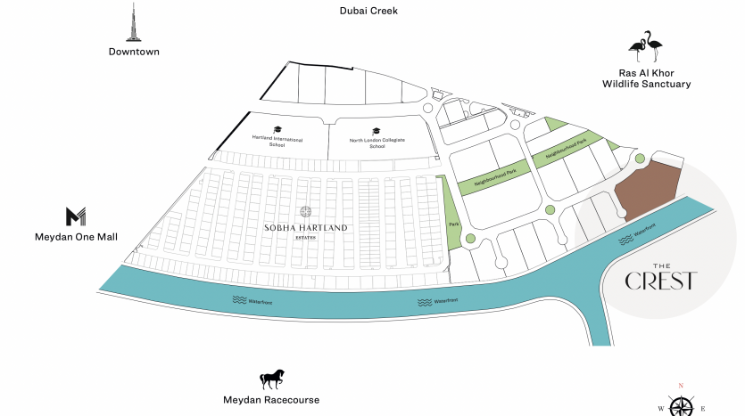 Carte illustrative de la région de Sobha Hartland à Dubaï, présentant des endroits clés tels que The Crest Dubai, l&#039;hippodrome de Meydan, Dubai Creek et la réserve faunique de Ras Al Khor. Les icônes indiquent
