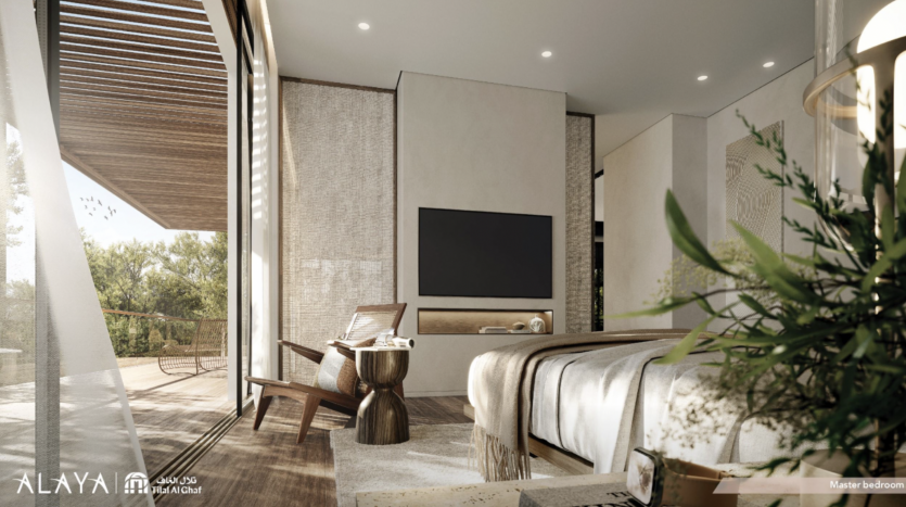 Luxueuse chambre principale dans une villa Dubaï à l&#039;esthétique moderne, comprenant un grand lit, des meubles en bois et une télévision à écran plat. La chambre s&#039;ouvre sur un balcon avec une verdure luxuriante. Doux,
