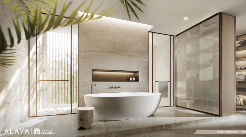 Une salle de bains principale moderne à Tilal Al Ghaf présentant un design minimaliste avec une baignoire autonome, des murs texturés, une douche en verre et un éclairage subtil, le tout dans une palette de couleurs sereine et sablonneuse.