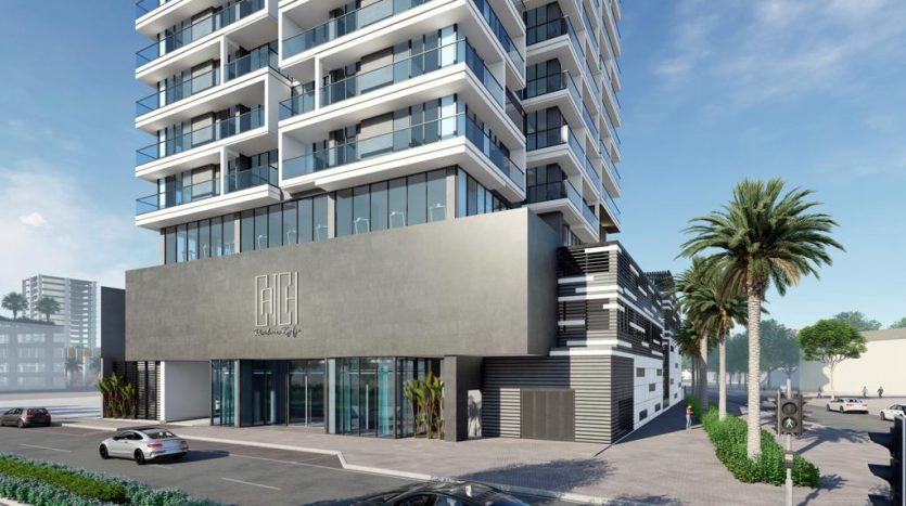 Rendu 3D d&#039;une villa moderne à plusieurs étages à Dubaï avec un design élégant, doté de grandes fenêtres, de balcons et entourée de palmiers. Une voiture est visible dans la rue par temps ensoleillé