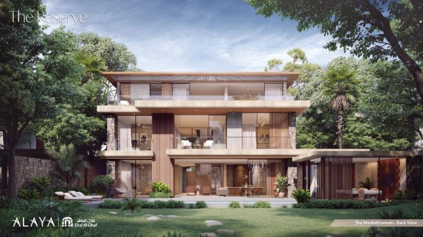 Rendu architectural d&#039;une maison de luxe moderne à deux étages intitulée &quot;Tilal Al Ghaf&quot; dans un jardin luxuriant, présentant de grandes fenêtres et balcons en verre et des éléments de design extérieurs élégants